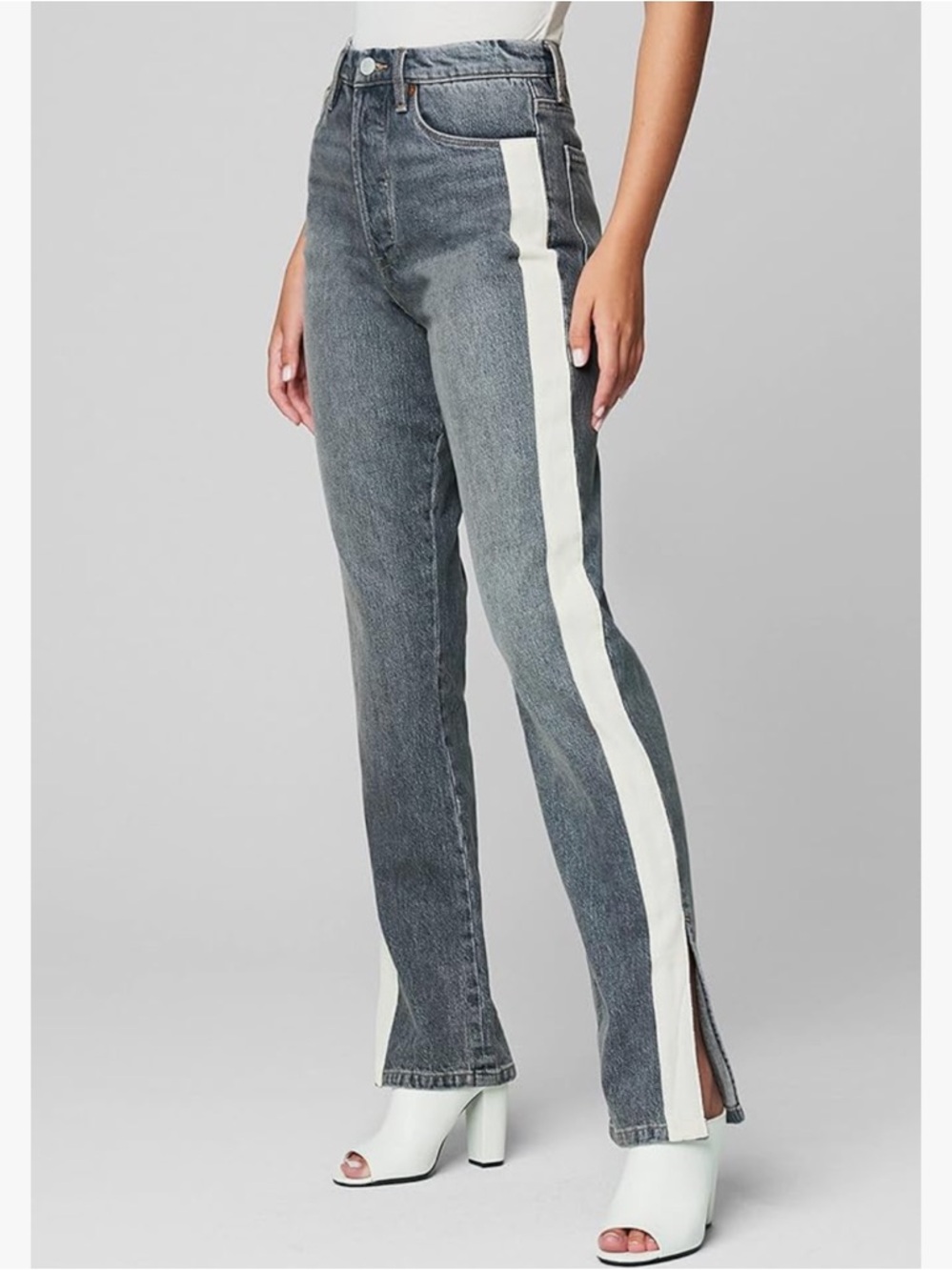 Blank NYC The Cooper Gray Straight Leg Jeans with White Side Stripe Leg Slit 27